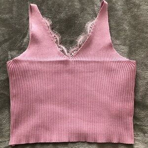 Women’s Pink high V-neck crop tank stretchy ribbed dainty feminin
